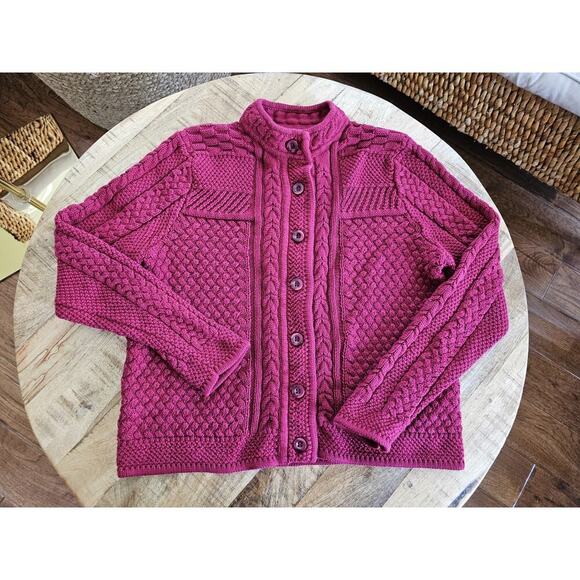 L.L Bean Cable Knit Cardigan Sweater Womens Size MP Red Outdoors Preppy - Picture 1 of 9